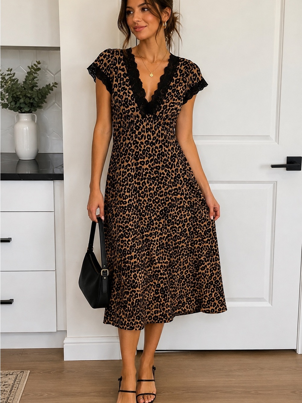 NWT DD77 Leopard Print Lace Trim V Neck Midi Dress Short Sleeve Black Romantic